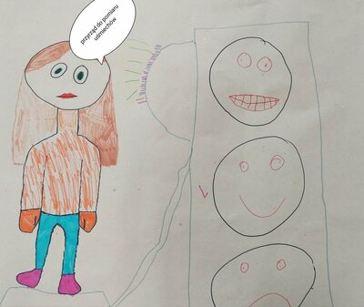  Rysunek dziecięcy: dziewczynka wypowiadająca poprzez chmurkę komiksową słowa: przyrząd do pomiaru uśmiechów. Obok narysowane trzy uśmiechnięte buzie.