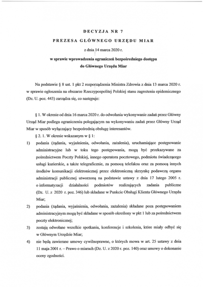 Dokument - Decyzja Prezesa GUM w sprawie ograniczenia dostępu do GUM (1 str.)