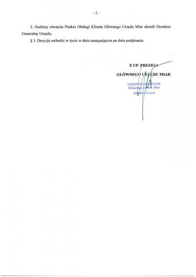 Dokument - Decyzja Prezesa GUM w sprawie ograniczenia dostępu do GUM (str. 2), na dole podpis Prezesa GUM.