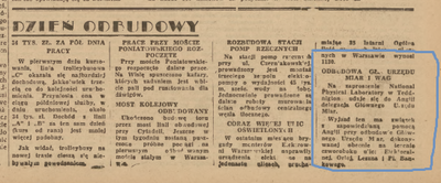 Informacja w: Życie Warszawy - pismo codzienne. R. 3, 1946 nr 77=506 (18 III), s. 1 Zdjęcie strony z publikacji z zaznaczoną notatką na temat podany w tytule pliku.