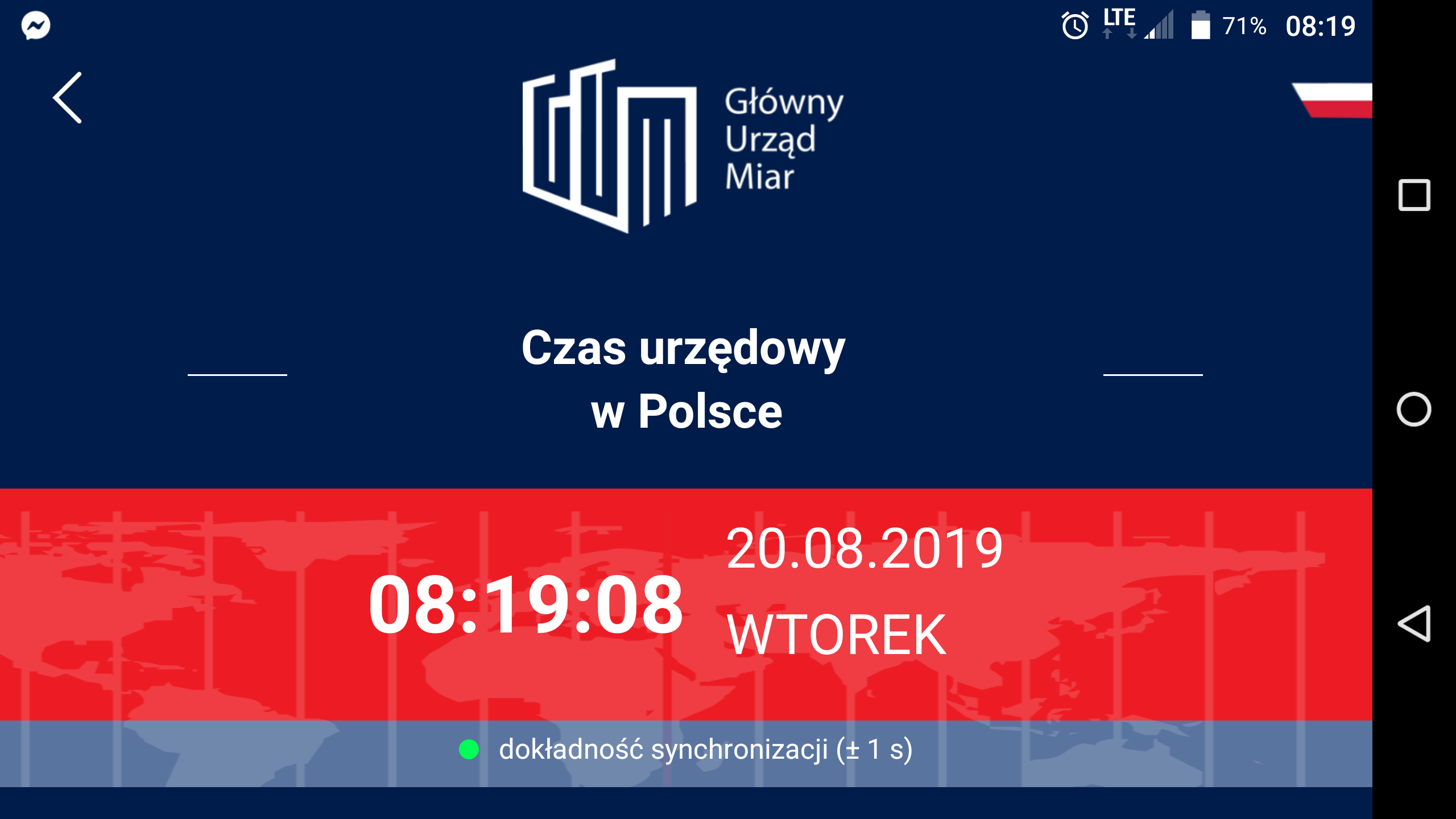 Jeden ze screenów aplikacji: Czas urzędowy w Polsce, data i godzina