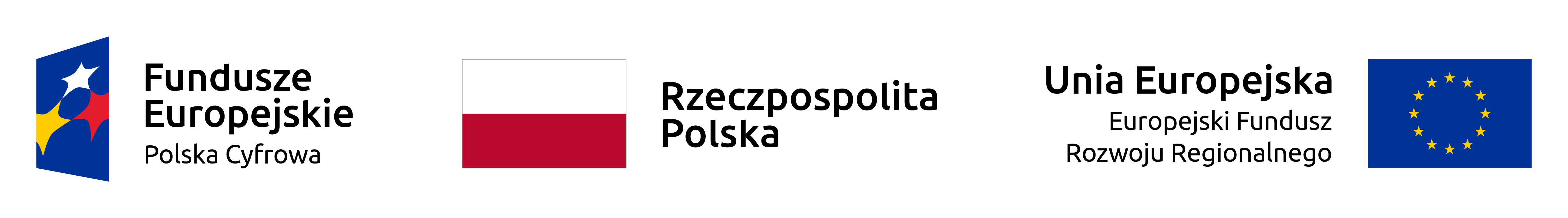 Pakiet logotypów: Fundusze Europejskie, Rzeczpospolita Polska (flaga biało-czerwona), Unia Europejska (flaga Unii)