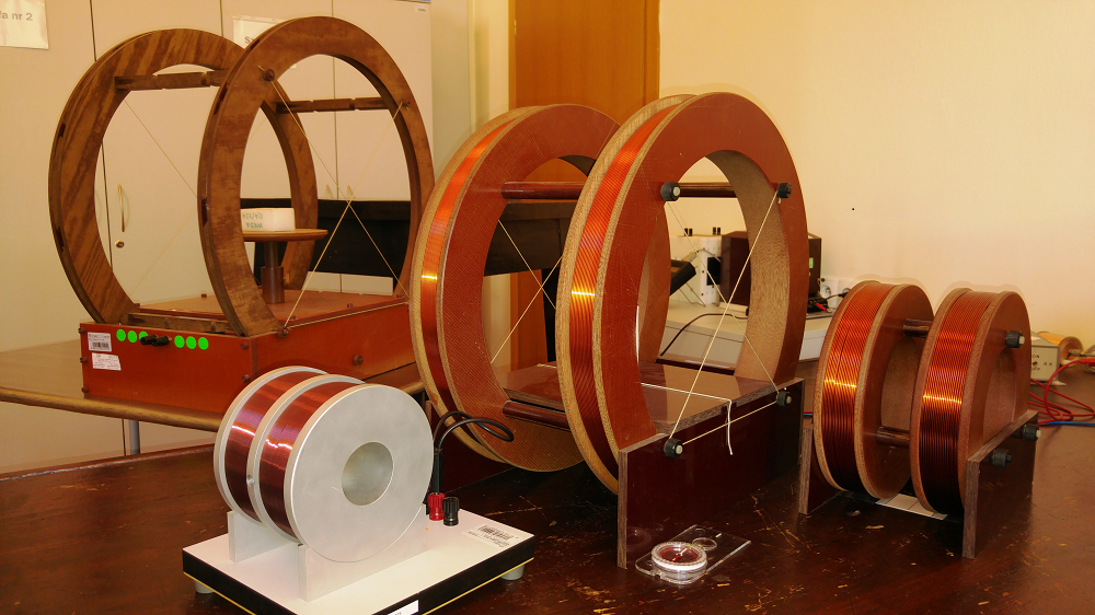 Kilka przyrządów o nazwie cewki Helmholtza - dwa duże koła, na które nawijane są cewki.