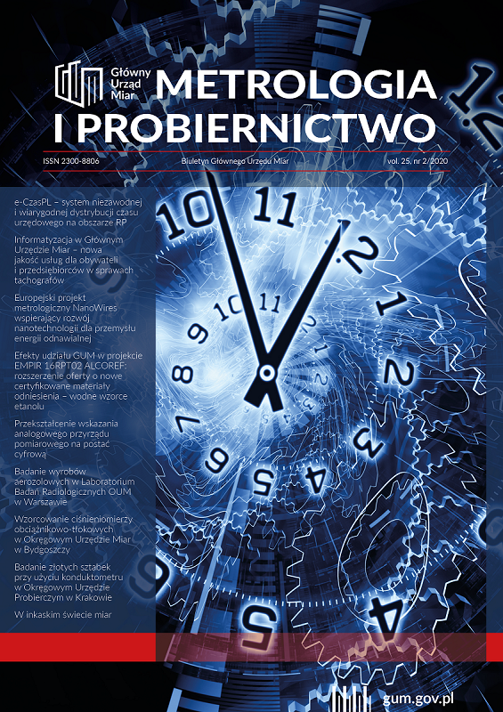 Okładka Biuletynu GUM nr 2 w 2020 roku. Na okładce w odcieniach niebieskiego i granatowego wizualizacja zegara. Z lewej strony okładki tytuły artykułów. 