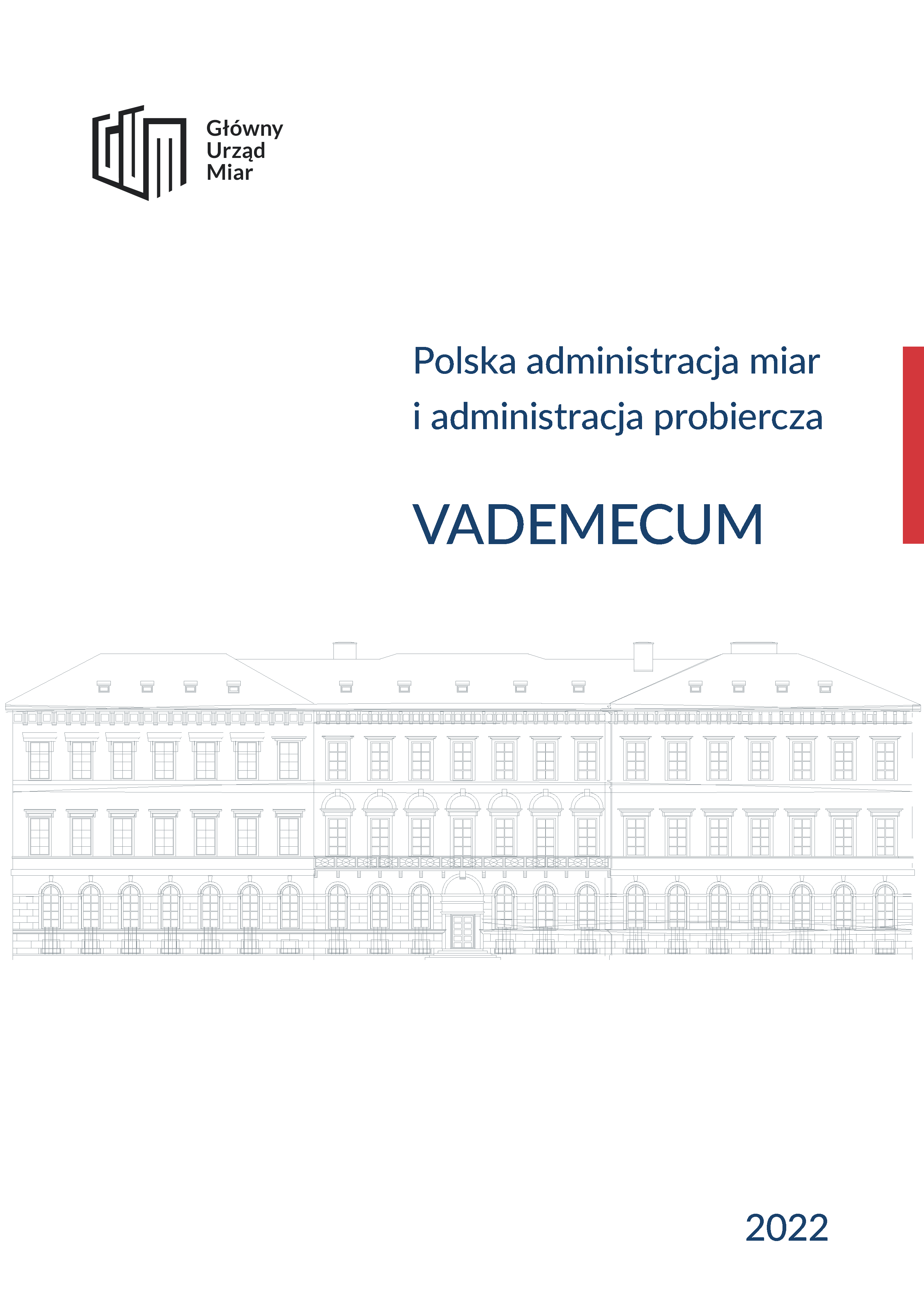 Okładka Vademecum 2022. Na białym tle grafika budynku Głównego Urzędu Miar, poza tym tytuł, data wydania, logo GUM.