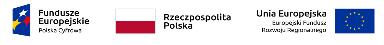 Pasek z logotypami uczestników projektu: od lewej: Fundusze Europejskie Polska cyfrowa, flaga biało-czerwona Rzeczpospolitej Polskiej, flaga Unii Europejskiej (na niebieskim tle złote gwiazdki).