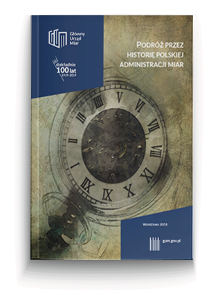 Podróż przez historię polskiej administracji miar - dla dzieci - okładka na brązowym tle po środku tarcza starego zegara.